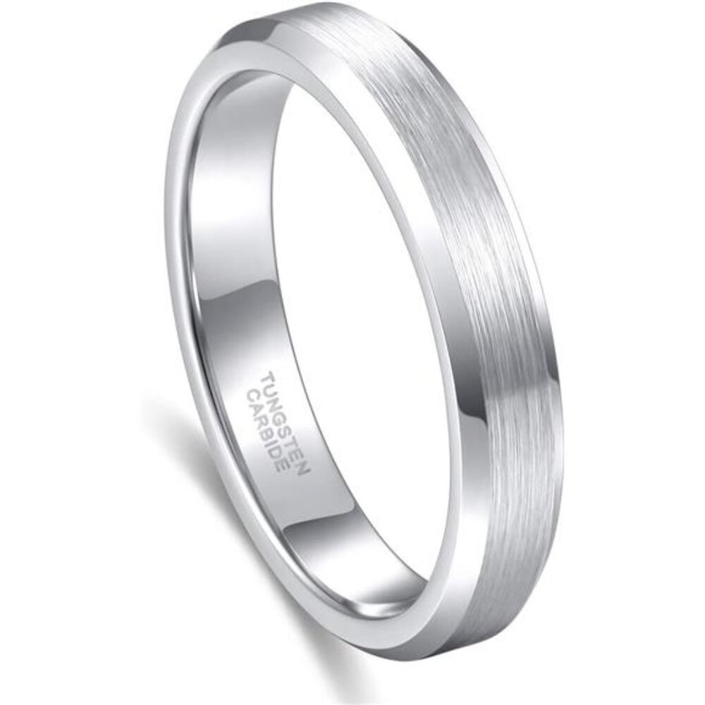 4mm 6mm Tungsten Carbide Ring for Men Women Beveled Edge Brushed Silver